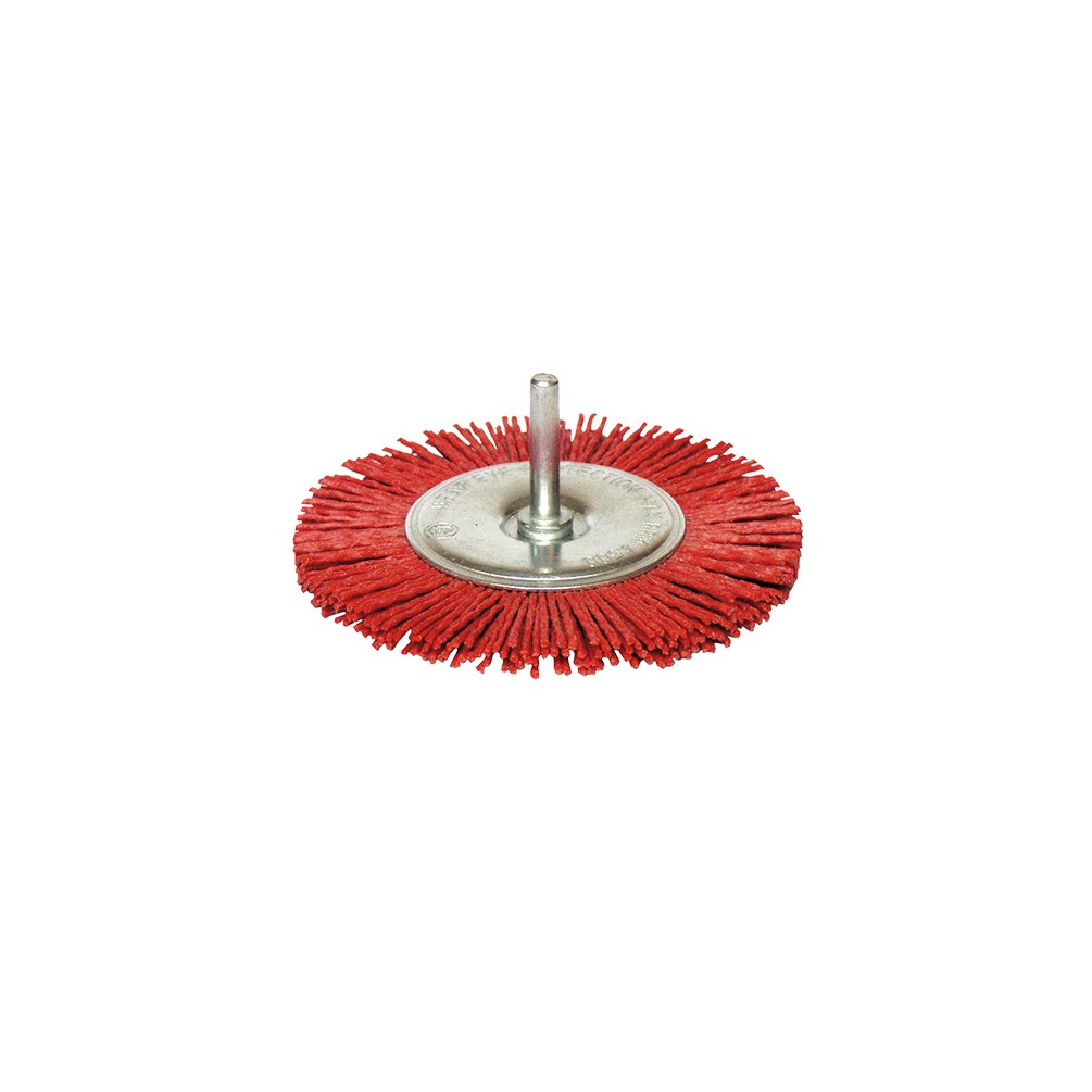 Lot de 10 brosses circulaires sur tige fil nylon pour décapage doux D. 75 mm - Q.6 x 30 mm - Ep.8 mm - Gr.80 - 110.071V