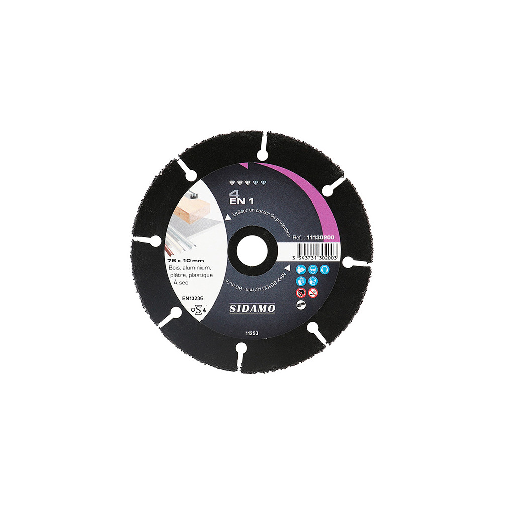 Disque carbure 4 en 1 D. 76 x 10 mm - Bois, alu, cuivre, plâtre, plastique
