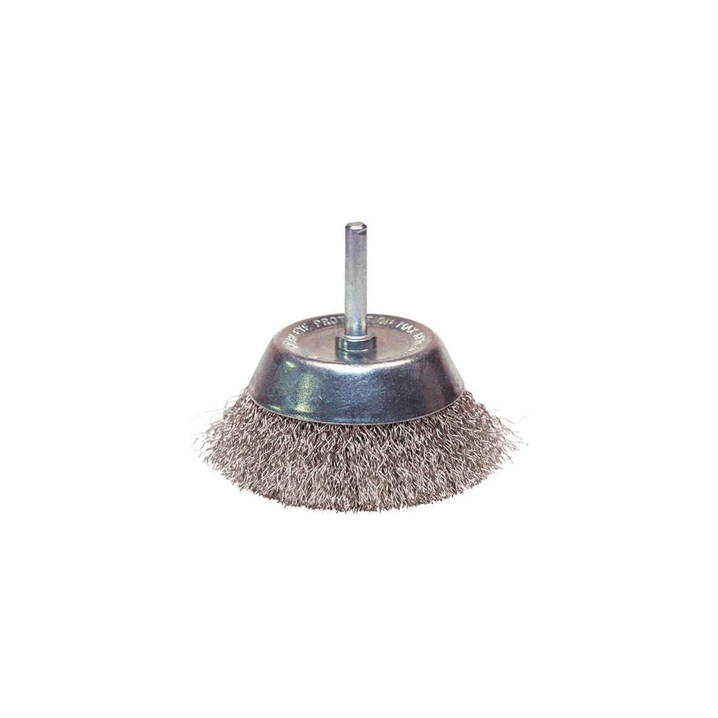 Brosse conique sur tige fil inox ondulé 0,30 mm D. 75 mm Q. 6 x 30 mm pour métal - Décapage dur - 310.075I - Leman
