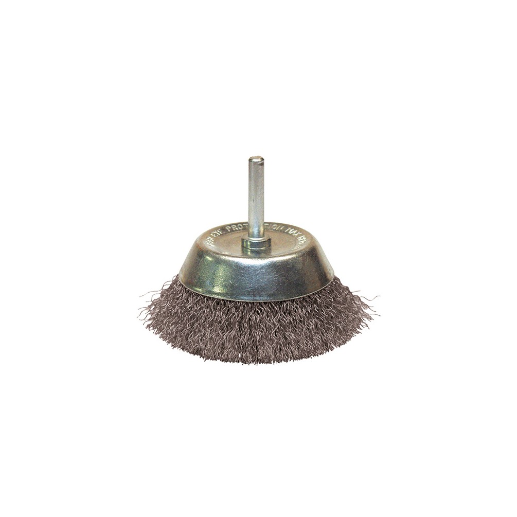 Brosse conique sur tige fil acier ondulé décapage dur bois/métal D. 75 mm - Q. 6 x 30 mm - fil 0,30 - 310.075A - Leman