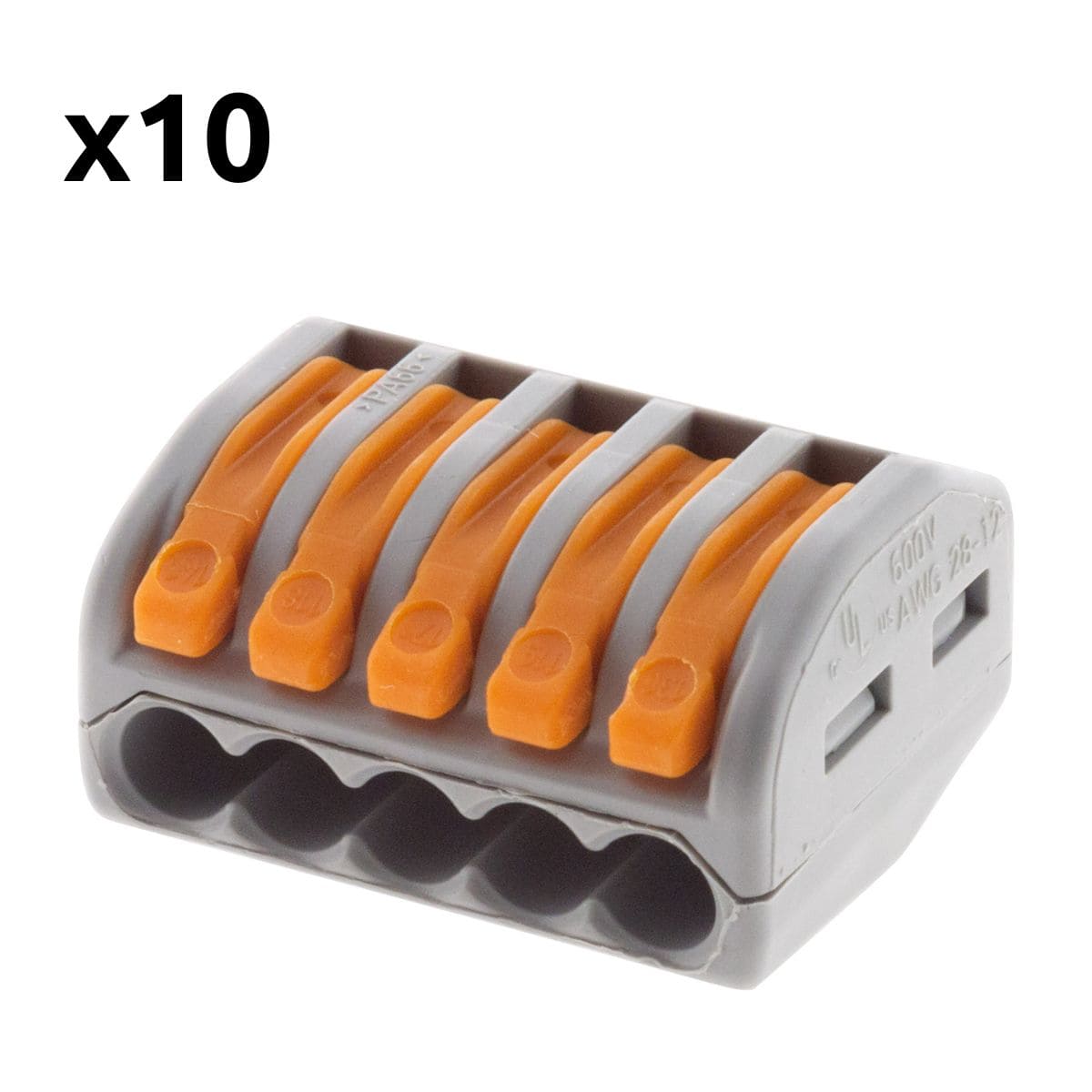 Lot de 10 bornes automatiques à cliquet S222 - 5 entrées - fils rigides et  souples 4mm² max - Orange - Wago ❘ Bricoman