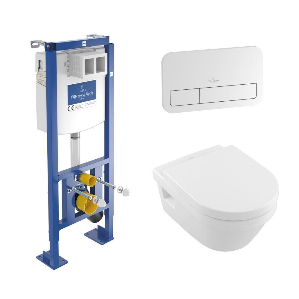 Villeroy & Boch Pack WC suspendu compact sans bride O.novo + abattant + plaque + bâti Villeroy & Boch, plaque blanche