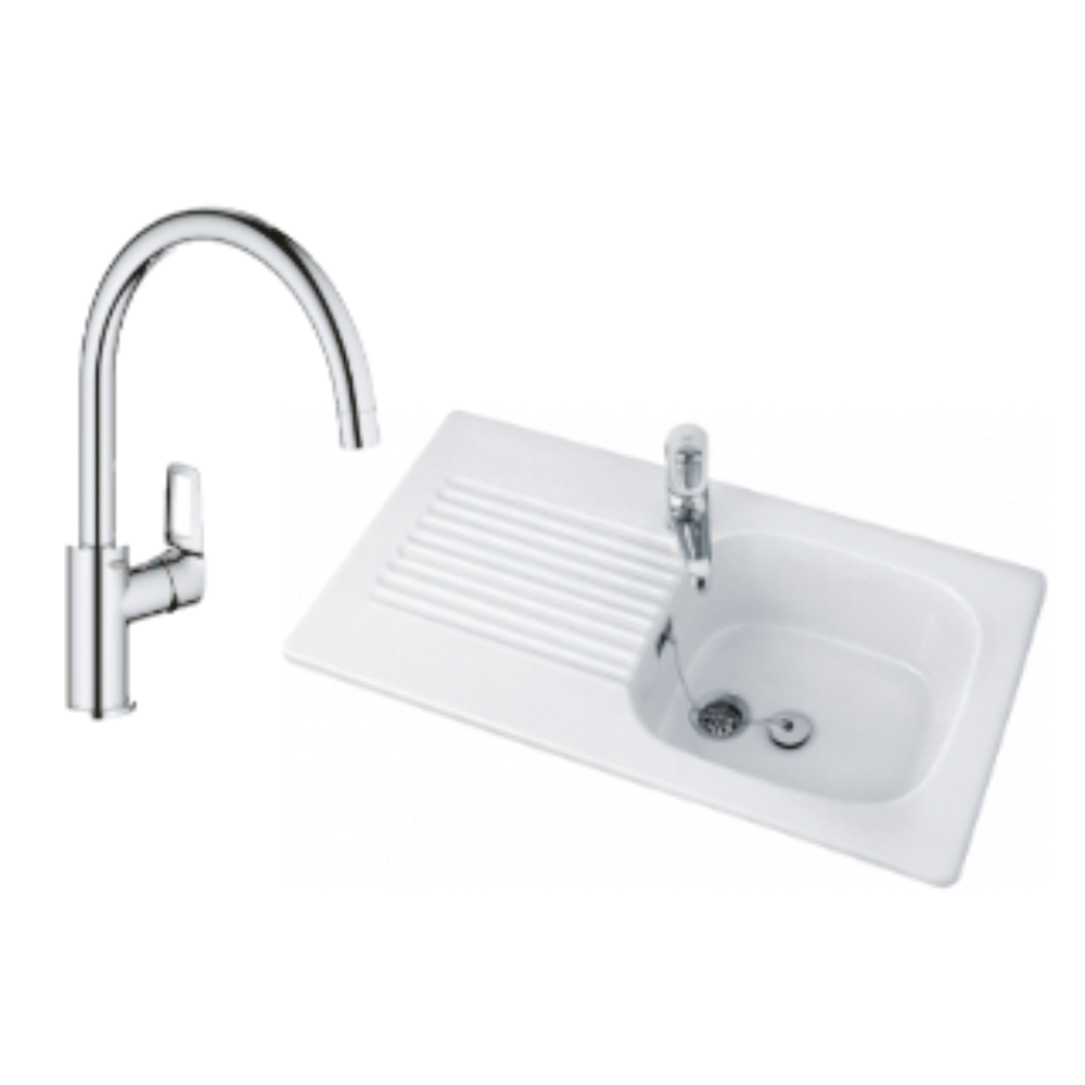 Villeroy et Boch évier cuisine Tudor avec Grohe mitigeur cuisine Bauloop bec haut.