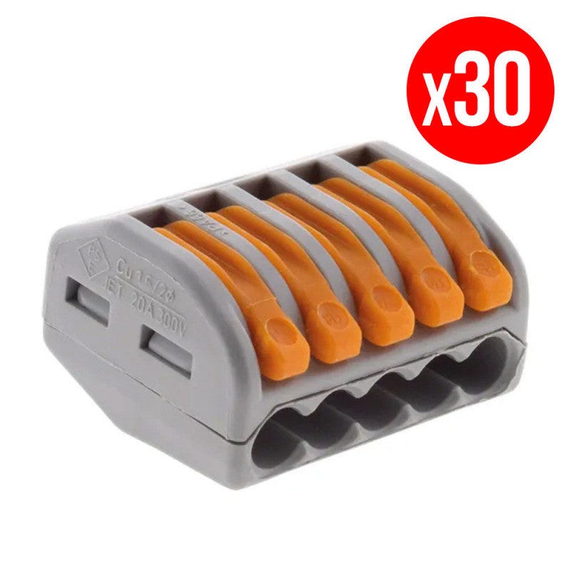 Pack de 30 bornes de connexion rapide a levier WAGO 5 entrées fil souple et rigide - S222 0