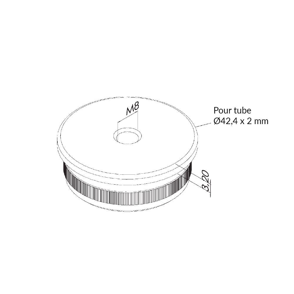 Terminaison Plate Fileté M8 pour Tube Diam 42.4mm, épaisseur 2mm, inox Brossé 4,2 1