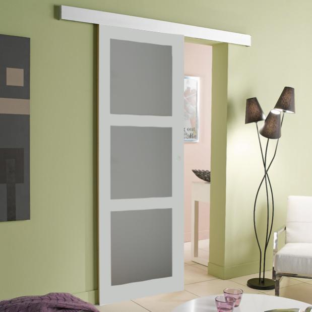 Porte Coulissante "Kenya" Blanc 3 Vitrages Depoli 204X73 Avec Rail Aluminium