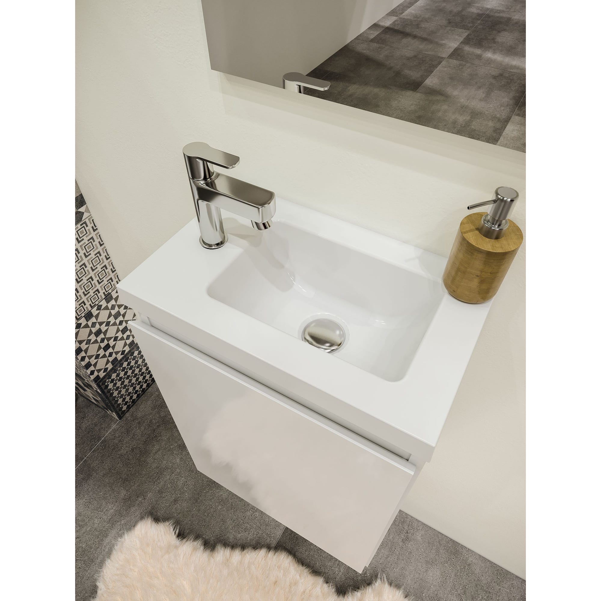 Ensemble meuble lave-mains avec miroir PORTO PACK blanc brillant laqué - L40 x H51 x P25 cm - 3