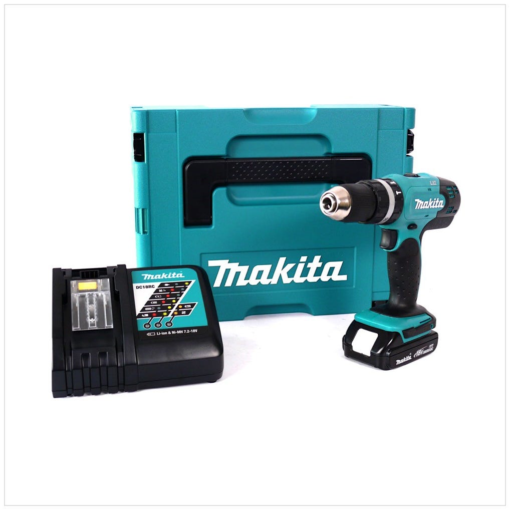 Makita DHP 453 Y1J-P Perceuse visseuse à percussion sans fil 18V 42Nm + 1x Batterie 2 Ah + Chargeur + Coffret MAKPAC 0