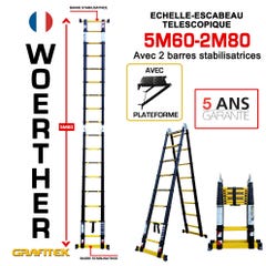 Echelle Scabeau Télescopique Woerther 5m60-2m80 Avec Double Barres Stabilisatrice - Plus plateforme - Garantie 5 Ans - Qualité Supérieure 0
