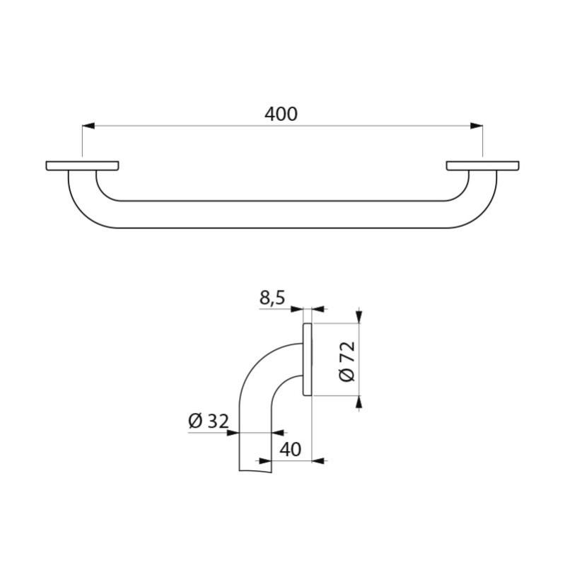 Barre d'appui D=32 L.400 Inox poli brillant spécial PMR Delabie