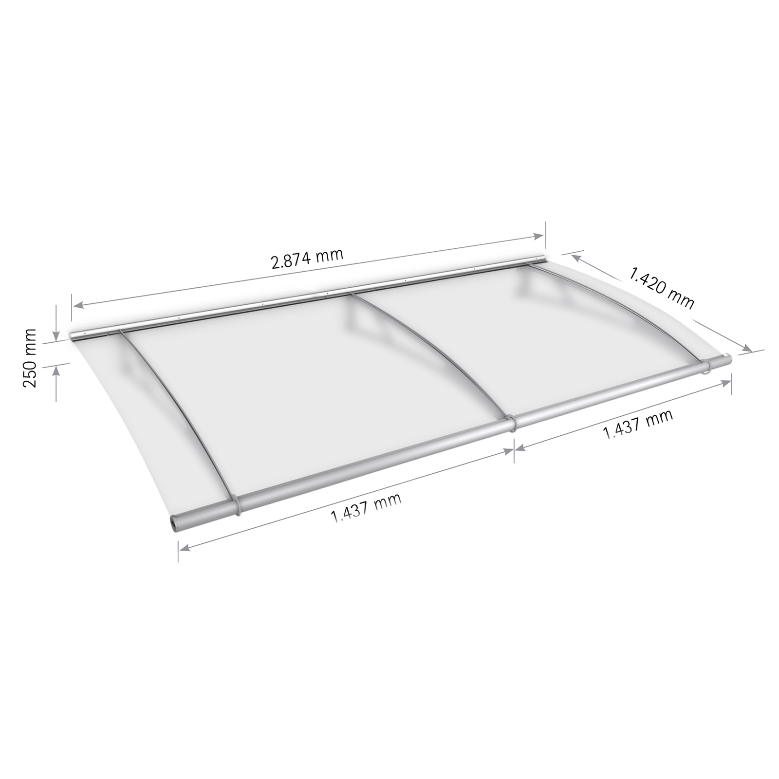Marquise auvent de porte, module de base, 287 x 142 cm, verre acrylique opaque, fixation inox brossé mat, SCHULTE LT-Line XL