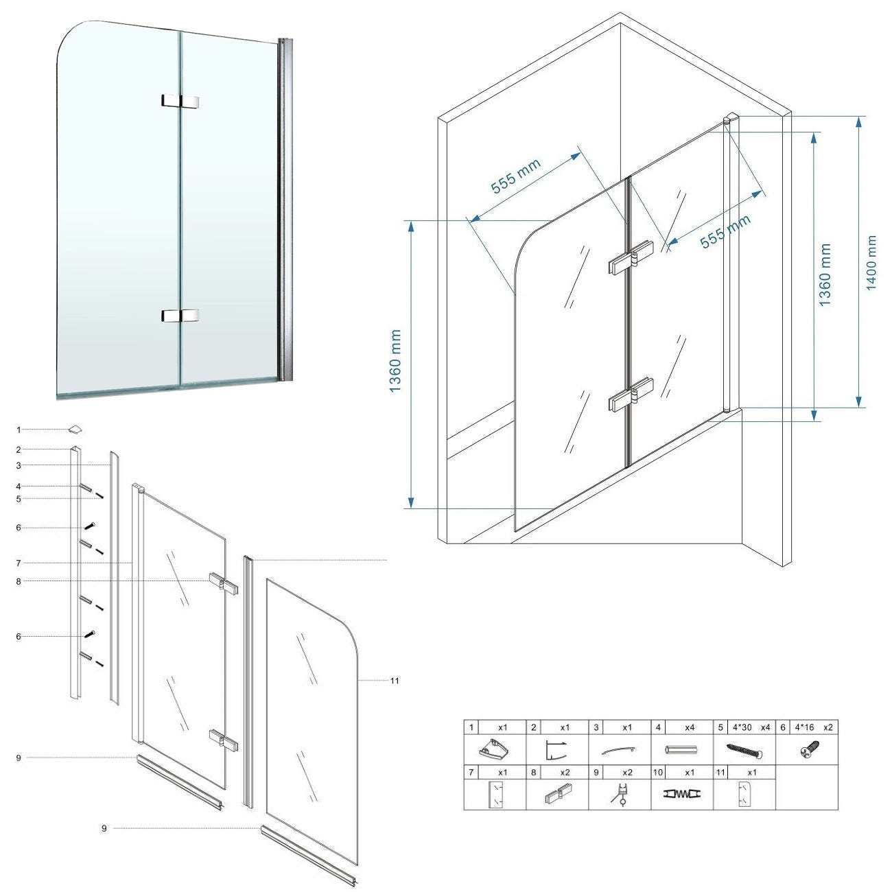 BALY Pare-baignoire rabattable en verre 6 mm transparent 120 x 140 cm 3