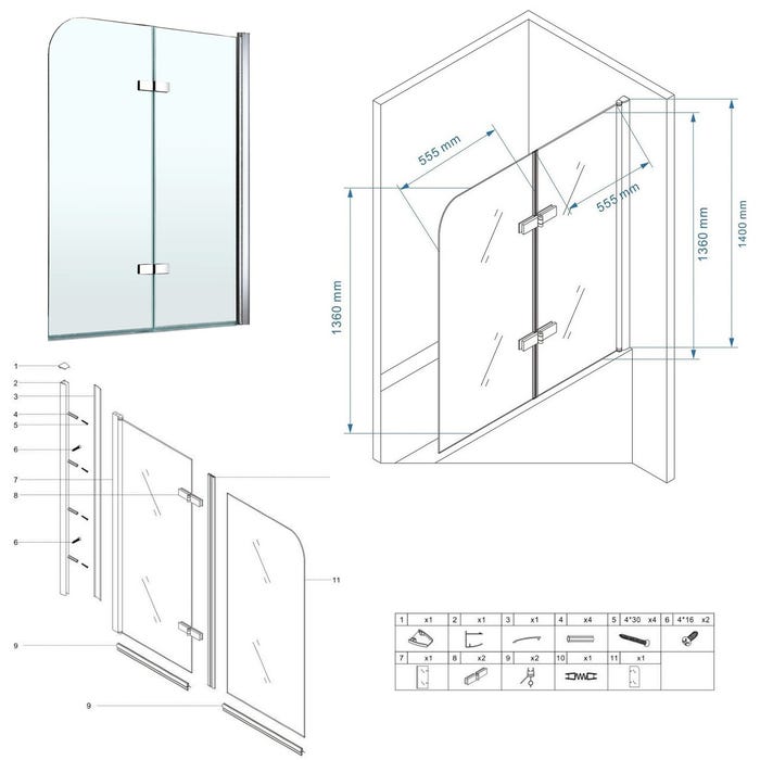 BALY Pare-baignoire rabattable en verre 6 mm transparent 120 x 140 cm 3