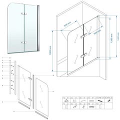 BALY Pare-baignoire rabattable en verre 6 mm transparent 110 x 140 cm 3