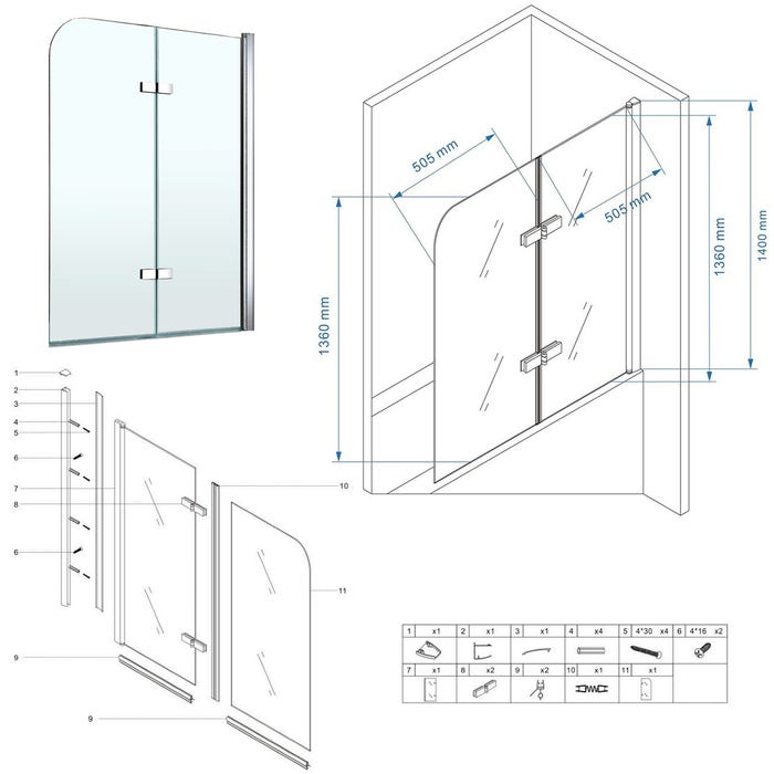 BALY Pare-baignoire rabattable en verre 6 mm transparent 110 x 140 cm 3