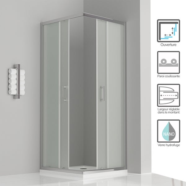 LANA Cabine de douche porte coulissante H 190 cm verre opaque 80 x 90 cm 1