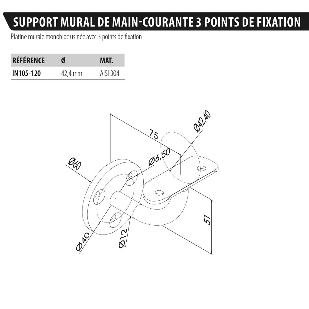 Support Mural Main Courante inox 304 avec Platine Ancrage 3 Points 51mm 2