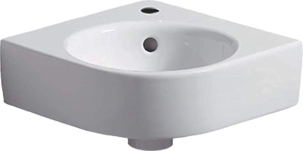 Lave-mains D'angle Geberit Renova Compact: B=45cm, T=39.5cm, Trou De Robinetterie=au Centre, Trop-plein=visible, Blanc Ref. 276132000