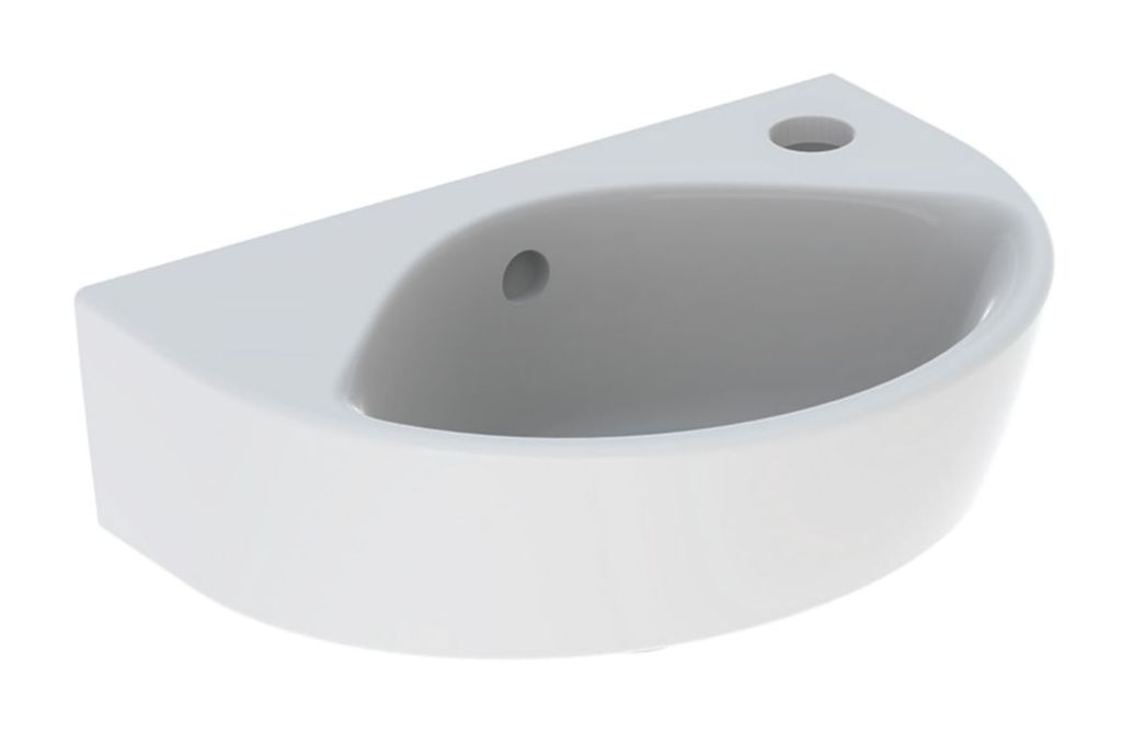 Lave-mains Geberit Renova, Compact: B=36cm, T=25cm, Trou De Robinetterie=droite, Trop-plein=visible, Blanc Ref. 500.374.01.1