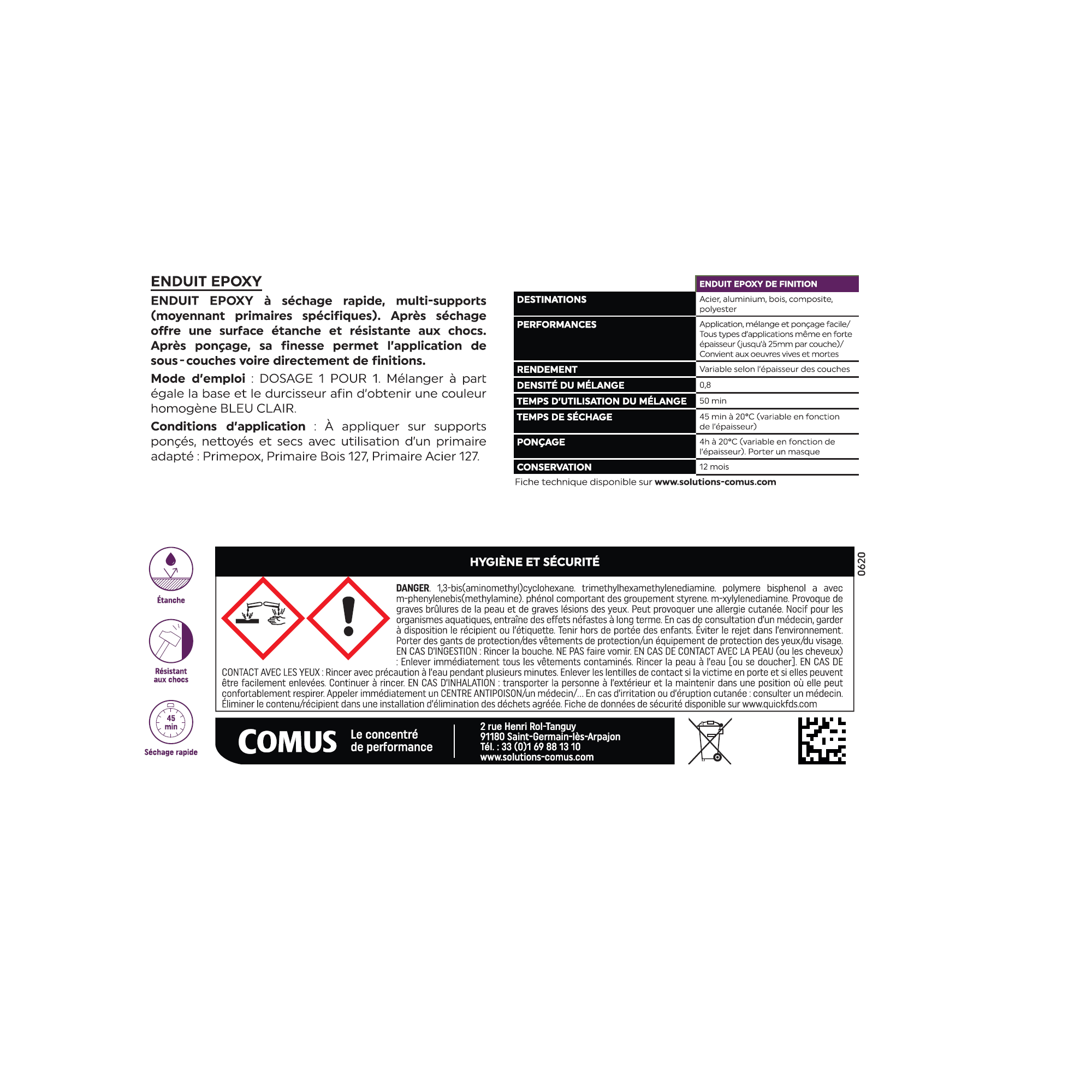 ENDUIT EPOXY (B+D) -1L - Enduit léger avec résines époxy et charges - COMUS 4