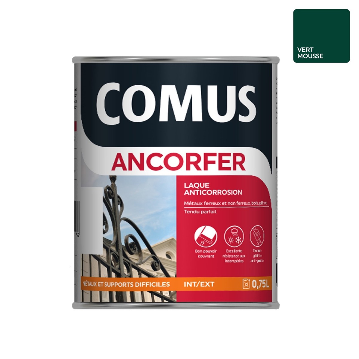 ANCORFER BRILLANT 0.75L Vert mousse - Peinture-laque antirouille pour métaux et autres supports - COMUS
