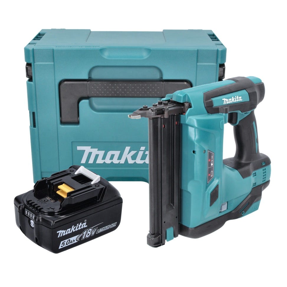 Makita DBN 500 T1J Cloueur pneumatique sans fil 15-50 mm 90° 18 V + 1x Batterie 5,0 Ah + Coffret MakPac - sans chargeur 0