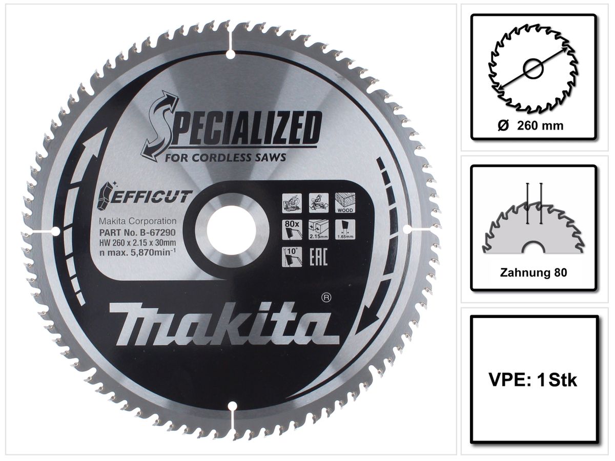 Makita CMSXF26080G SPECIALIZED EFFICUT Lame de scie 260 x 30 x 1,65 mm ( B-67290 ) - 80 Dents pour bois