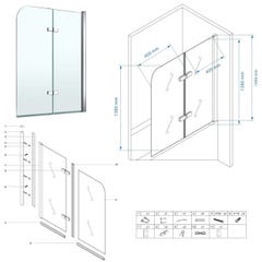 BALY Pare-baignoire rabattable en verre 6 mm transparent 90 x 140 cm 3