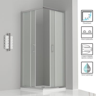 LANA Cabine de douche porte coulissante H 180 cm verre opaque 100 x 100 cm + receveur