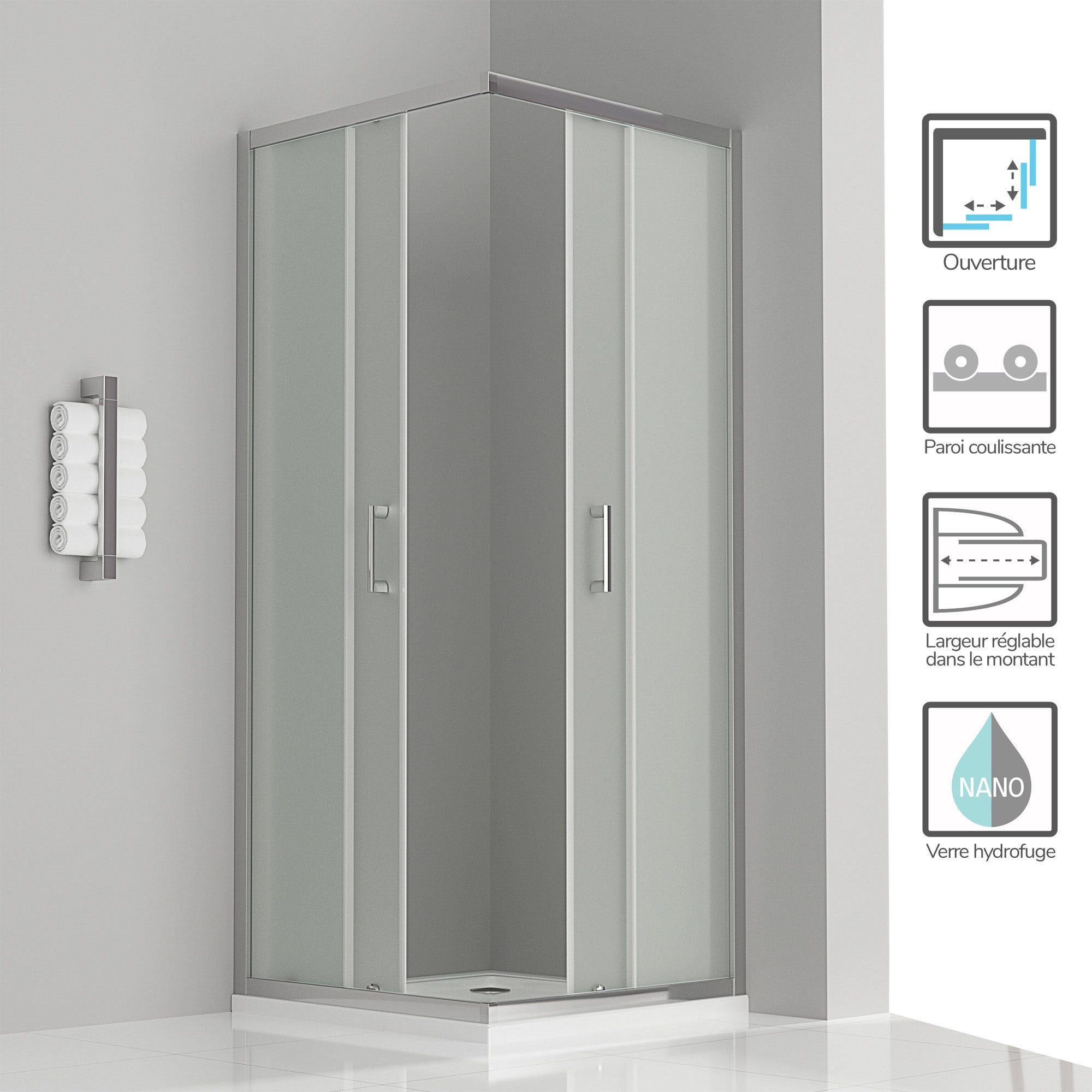 LANA Cabine de douche porte coulissante H 180 cm verre opaque 90 x 90 cm + receveur 1
