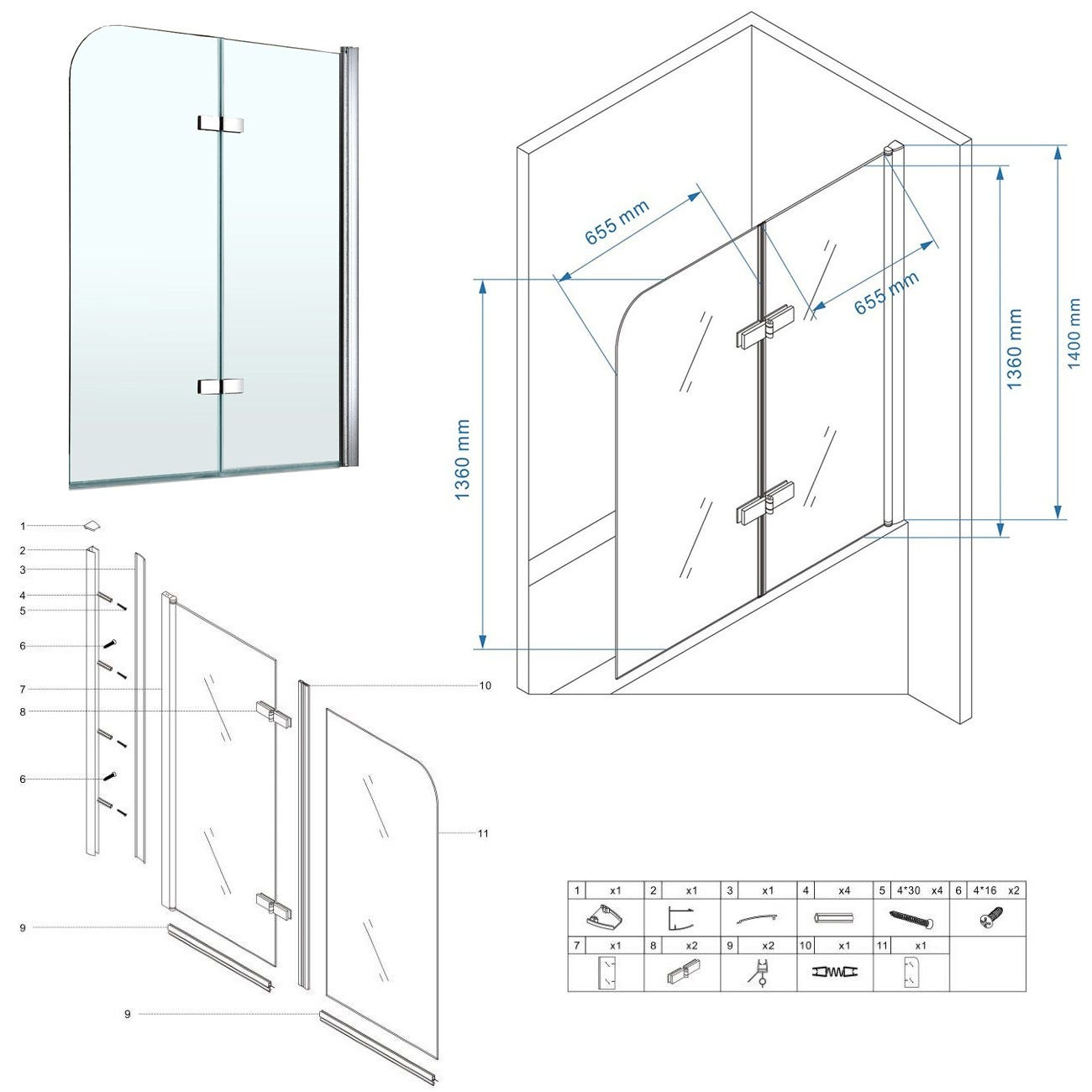 BALY Pare-baignoire rabattable en verre 6 mm transparent 140 x 140 cm 3