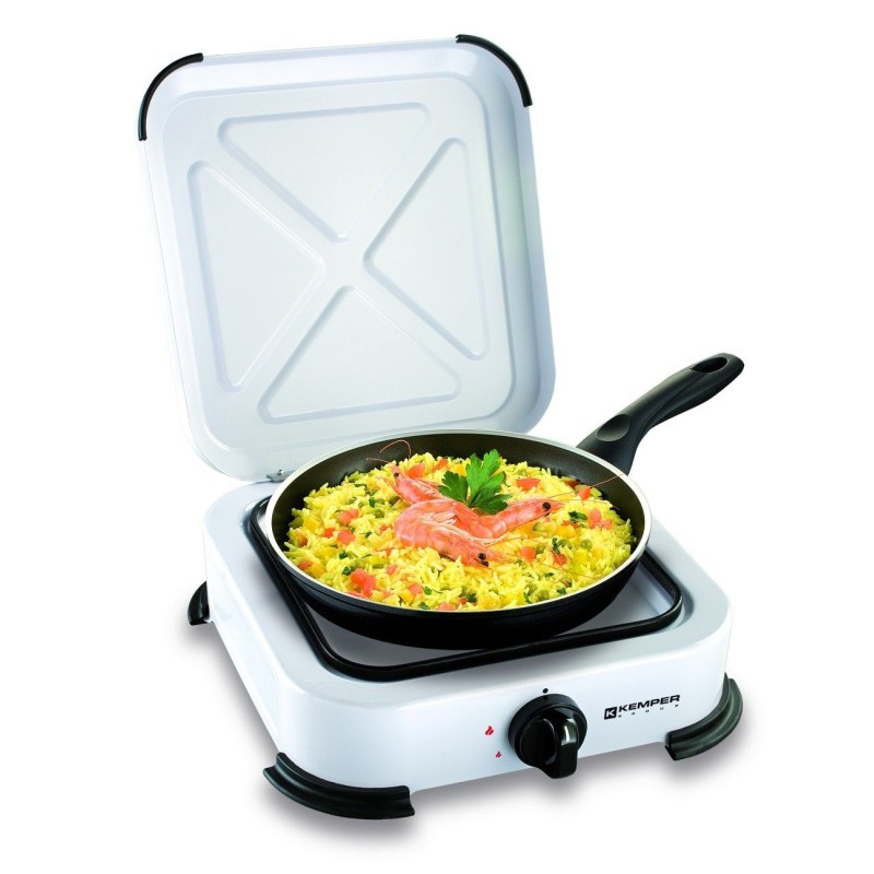 Réchaud gaz portable 1 feu 1200W Blanc laqué Couvercle Plaque de cuisson KEMPER