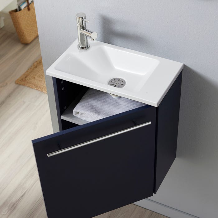 Meuble lave-mains pour WC bleu nuit avec vasque design blanche et mitigeur inclus. 2