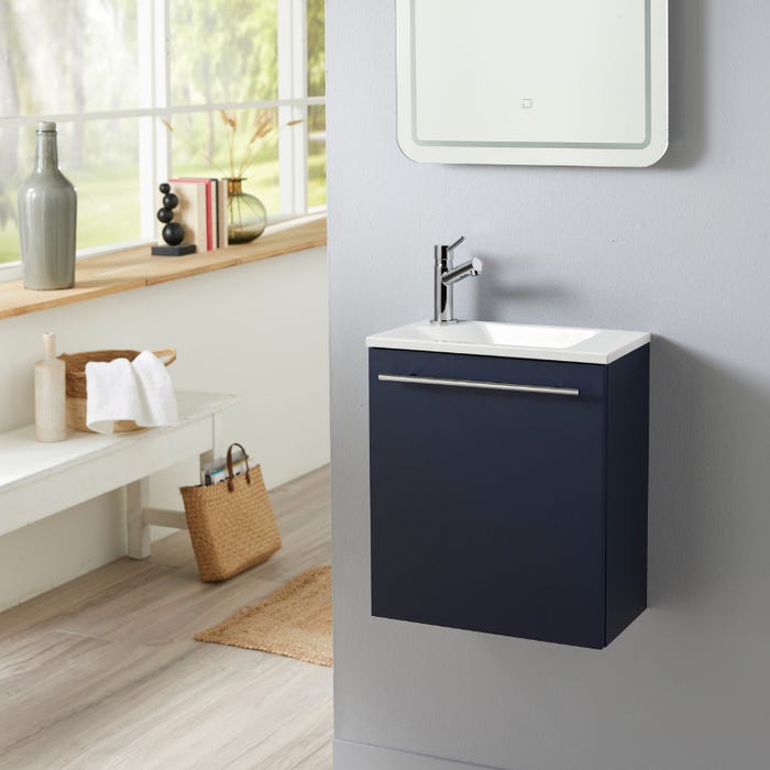 Meuble lave-mains pour WC bleu nuit avec vasque design blanche et mitigeur inclus. 0