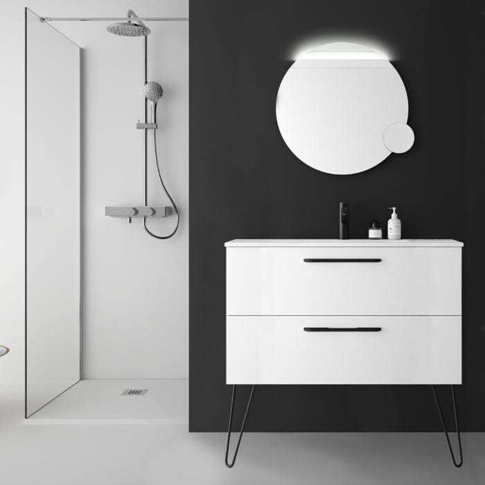 Meuble salle de bain 100 cm blanc à suspendre simple vasque avec poignets et pieds noirs - So matt 0