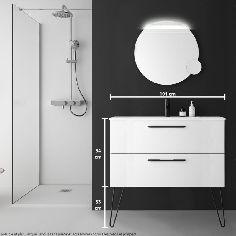 Meuble salle de bain 100 cm blanc à suspendre simple vasque avec poignets et pieds noirs - So matt 1