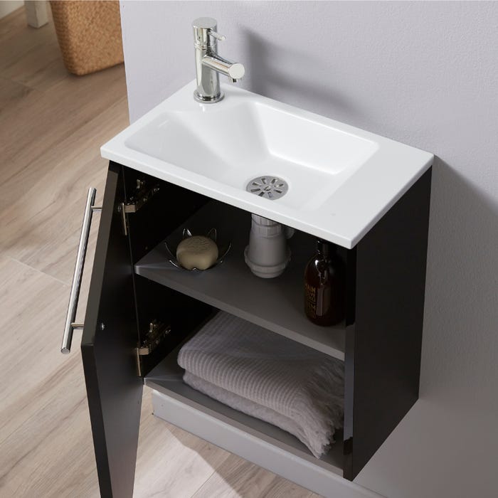 Meuble lave-mains pour wc noir avec vasque contemporaine en solid stone et mitigeur 2