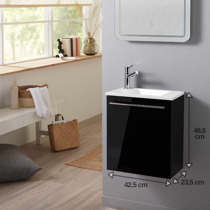 Meuble lave-mains pour wc noir avec vasque contemporaine en solid stone et mitigeur 1