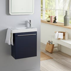 Meuble lave-mains bleu nuit avec lave-mains porte serviettes en céramique et robinetterie eau froide à droite 0