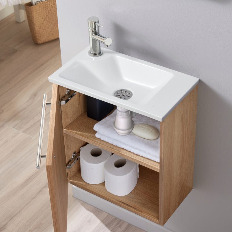 Meuble lave-mains pour wc finition chêne naturel avec vasque élégante et mitigeur inclus 1