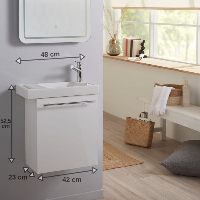 Meuble lave-mains pour wc blanc avec porte serviette et mitigeur à droite 1