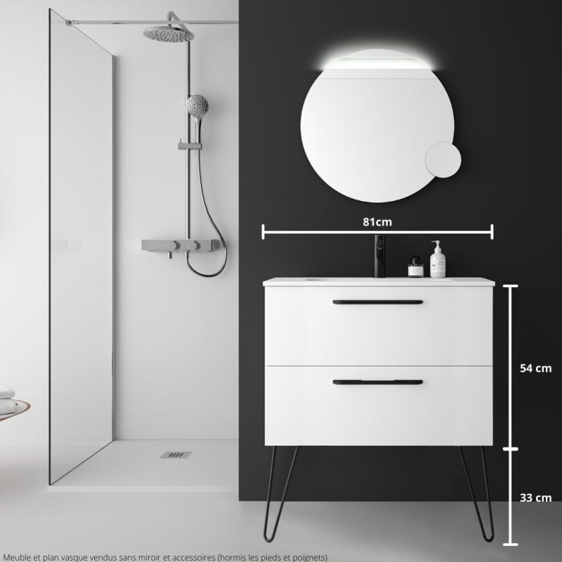 Meuble salle de bain blanc mat 80 cm simple vasque à suspendre avec poignets et pieds noir mat - So matt 1