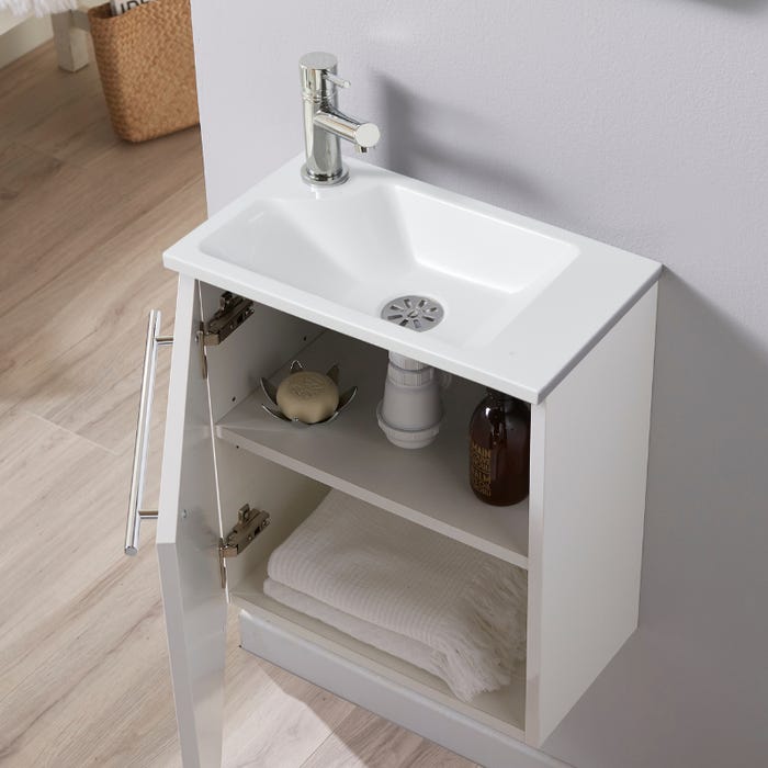 Meuble lave-mains pour wc blanc avec vasque design en solid stone et mitigeur 2