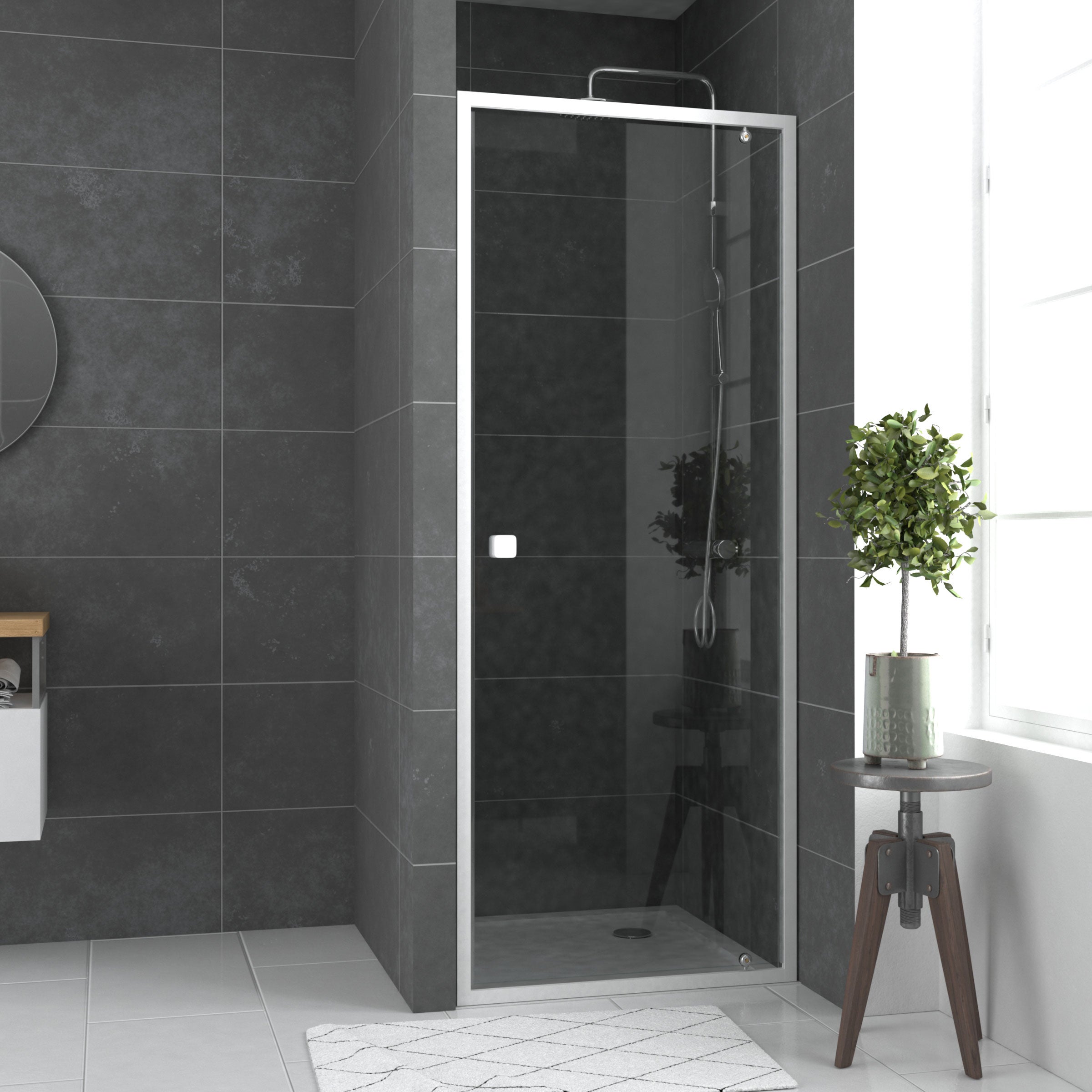 Porte de douche pivotante ajustable de 78 à 90cm en Alu. Blanc et verre  transparent - WHITY PIVOT ❘ Bricoman