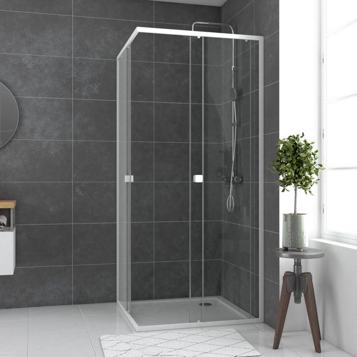 Paroi porte de douche carrée blanc extensible 77 à 90cm de largeur - verre transparent - WHITY 3