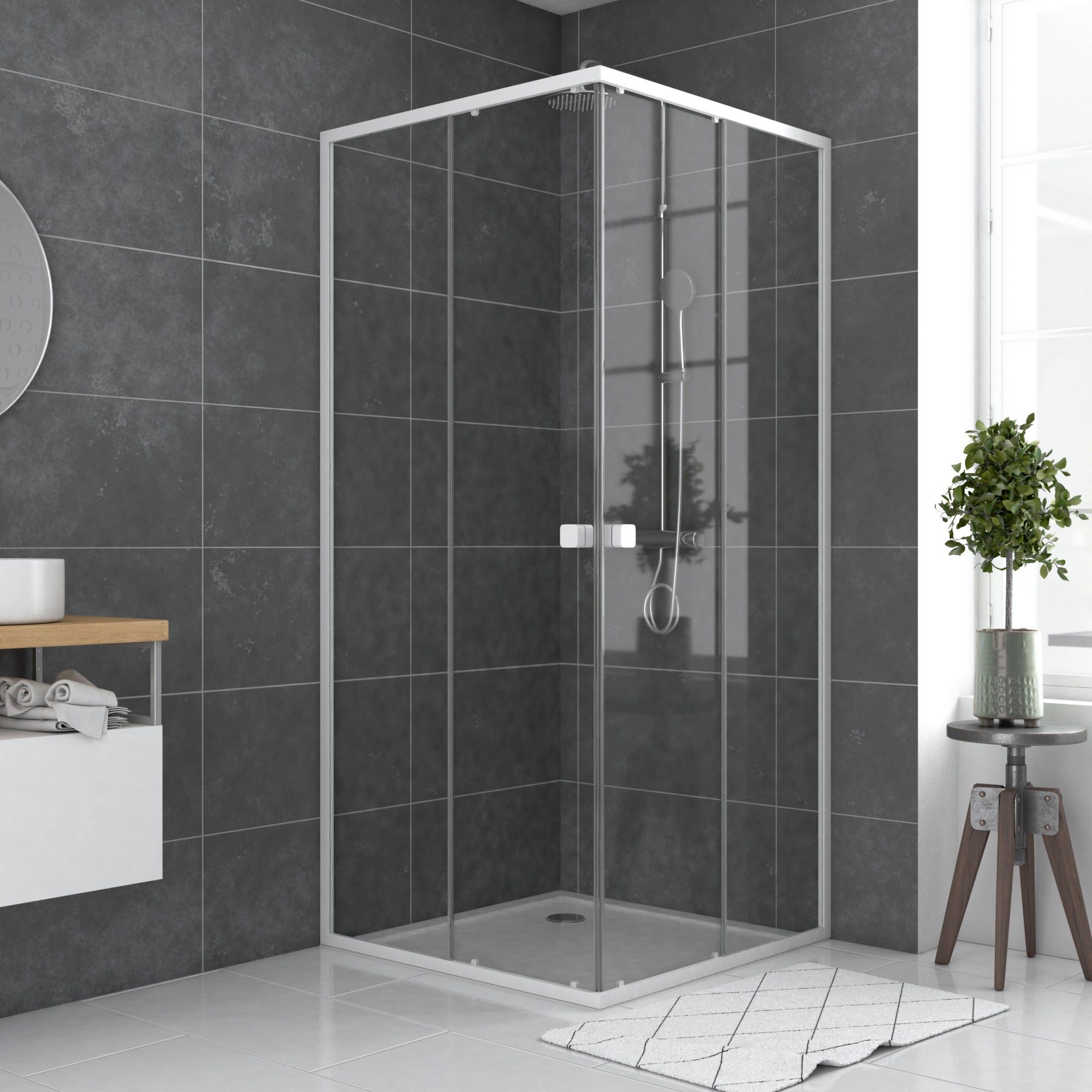 Paroi porte de douche carrée blanc extensible 77 à 90cm de largeur - verre transparent - WHITY 0