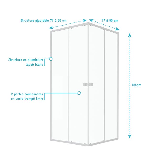 Paroi porte de douche carrée blanc extensible 77 à 90cm de largeur - verre transparent - WHITY 2