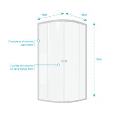 Paroi porte de douche 1/4 cercle blanc 90x90cm de largeur - verre transparent - WHITY ROUND 3