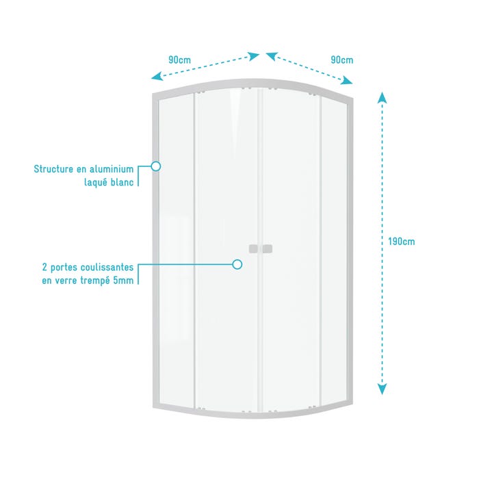 Paroi porte de douche 1/4 cercle blanc 90x90cm de largeur - verre transparent - WHITY ROUND 3