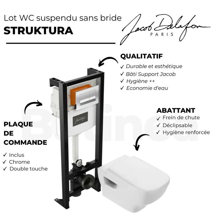 Pack WC suspendu sans bride JACOB DELAFON Struktura + abattant + plaque + bâti support 3